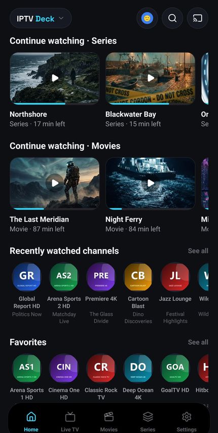 IPTV Deck home screen on a phone