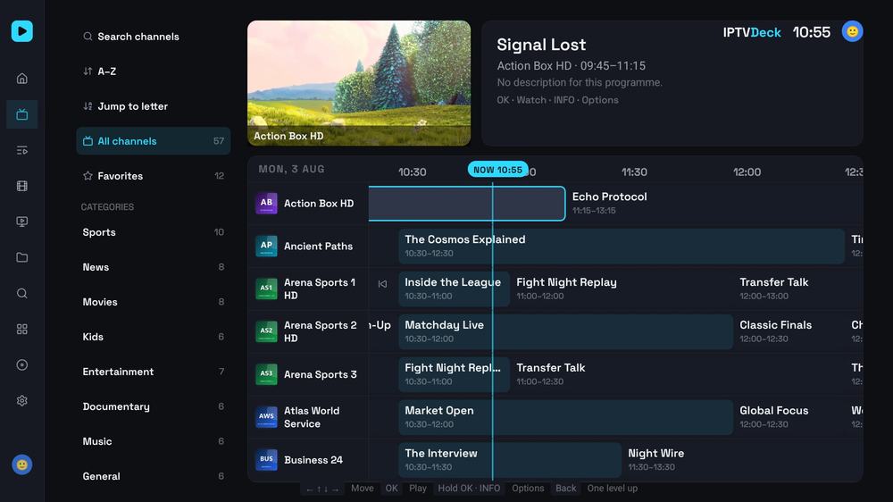 The IPTV Deck programme guide running on a television