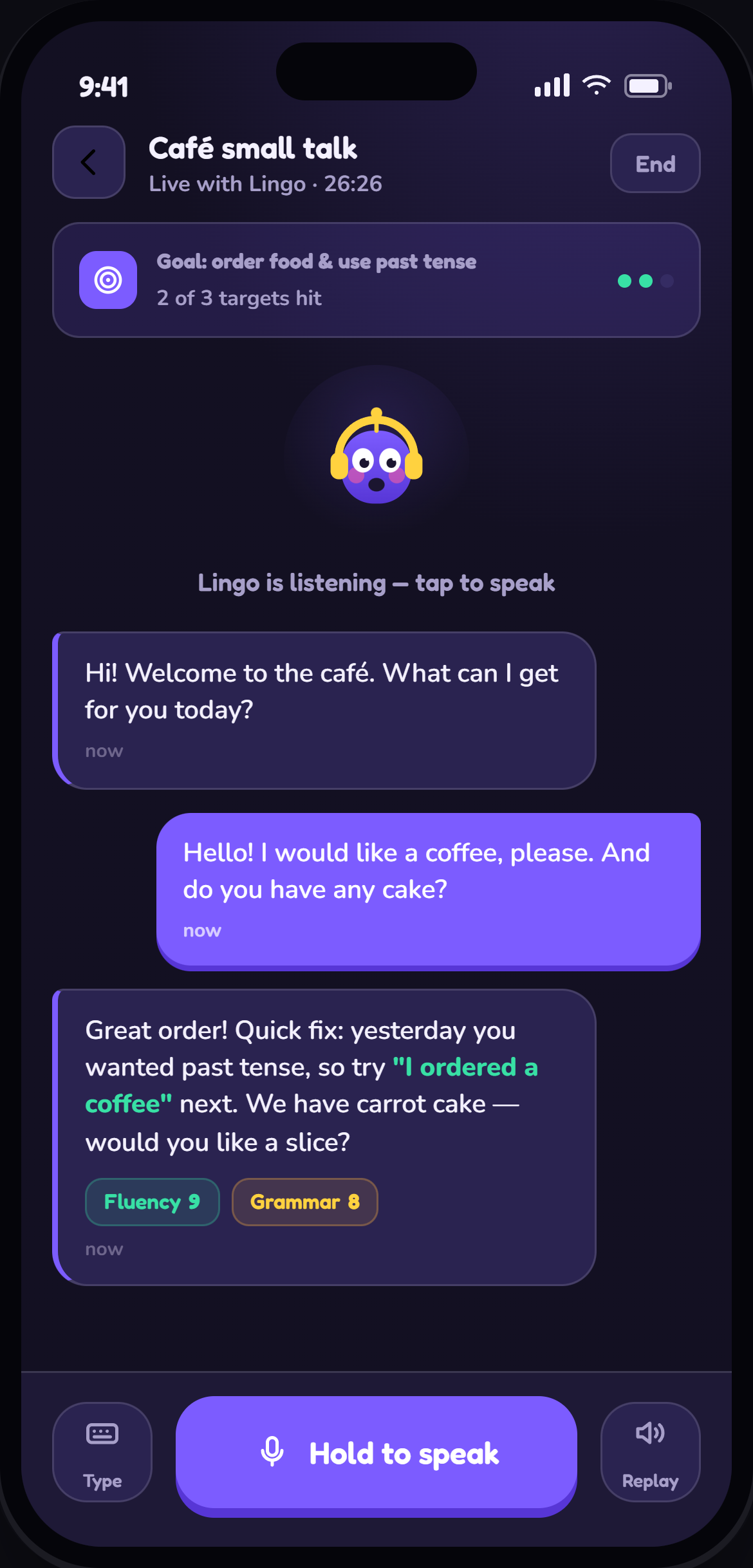 A live conversation with Lingo in Speak It Easy: a café role-play with a grammar fix and fluency and grammar scores